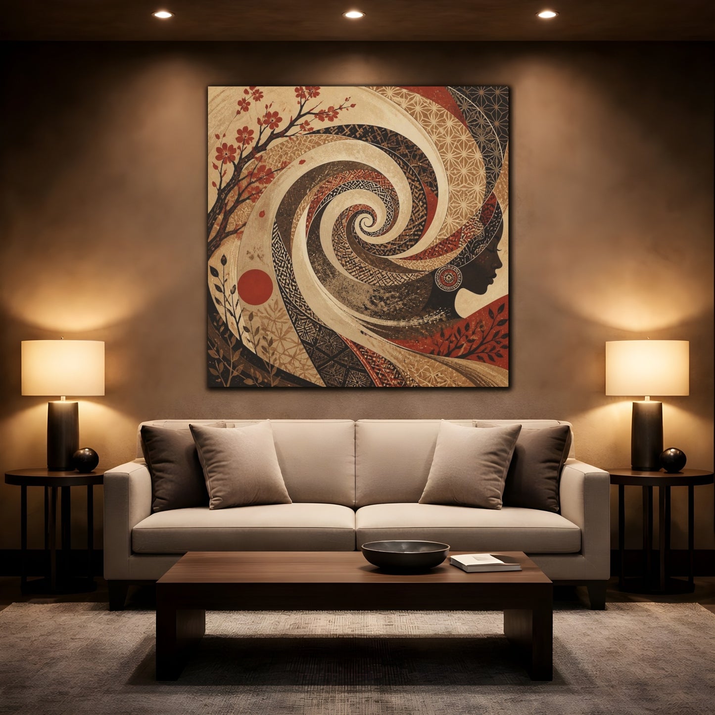 Mockup 2. Abstract Sepia Woman Spiral shown as canvas print