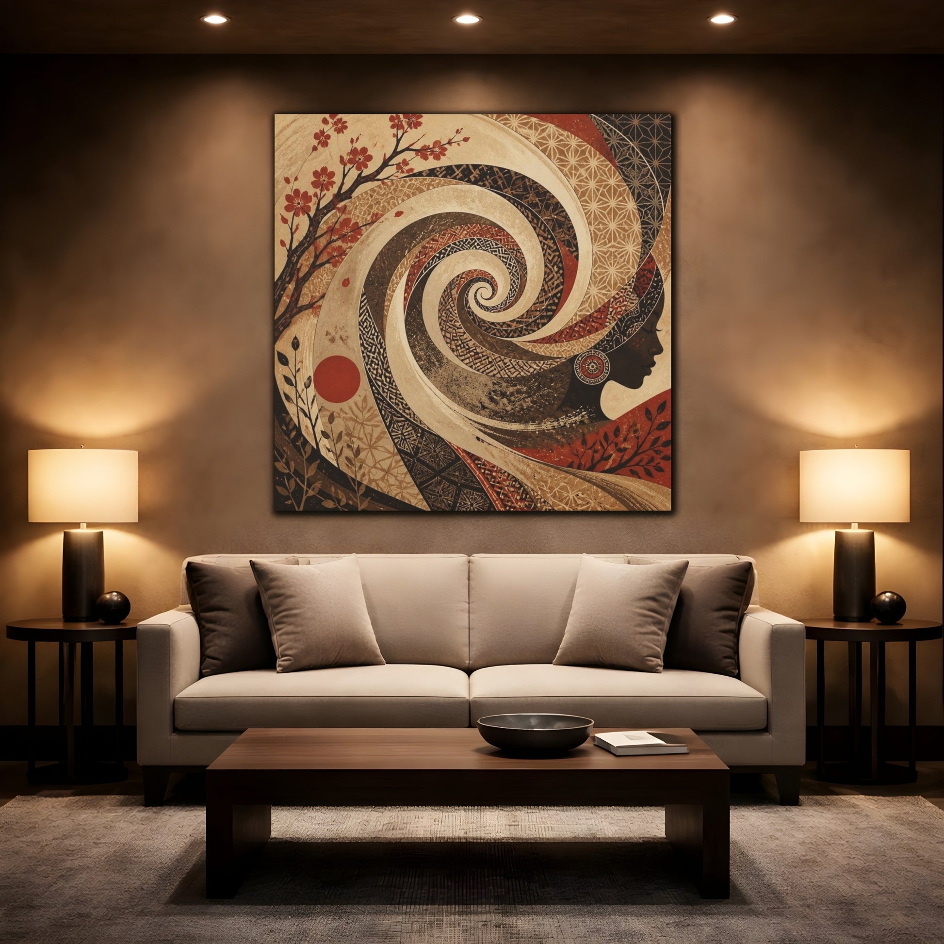 Mockup 2. Abstract Sepia Woman Spiral shown as canvas print
