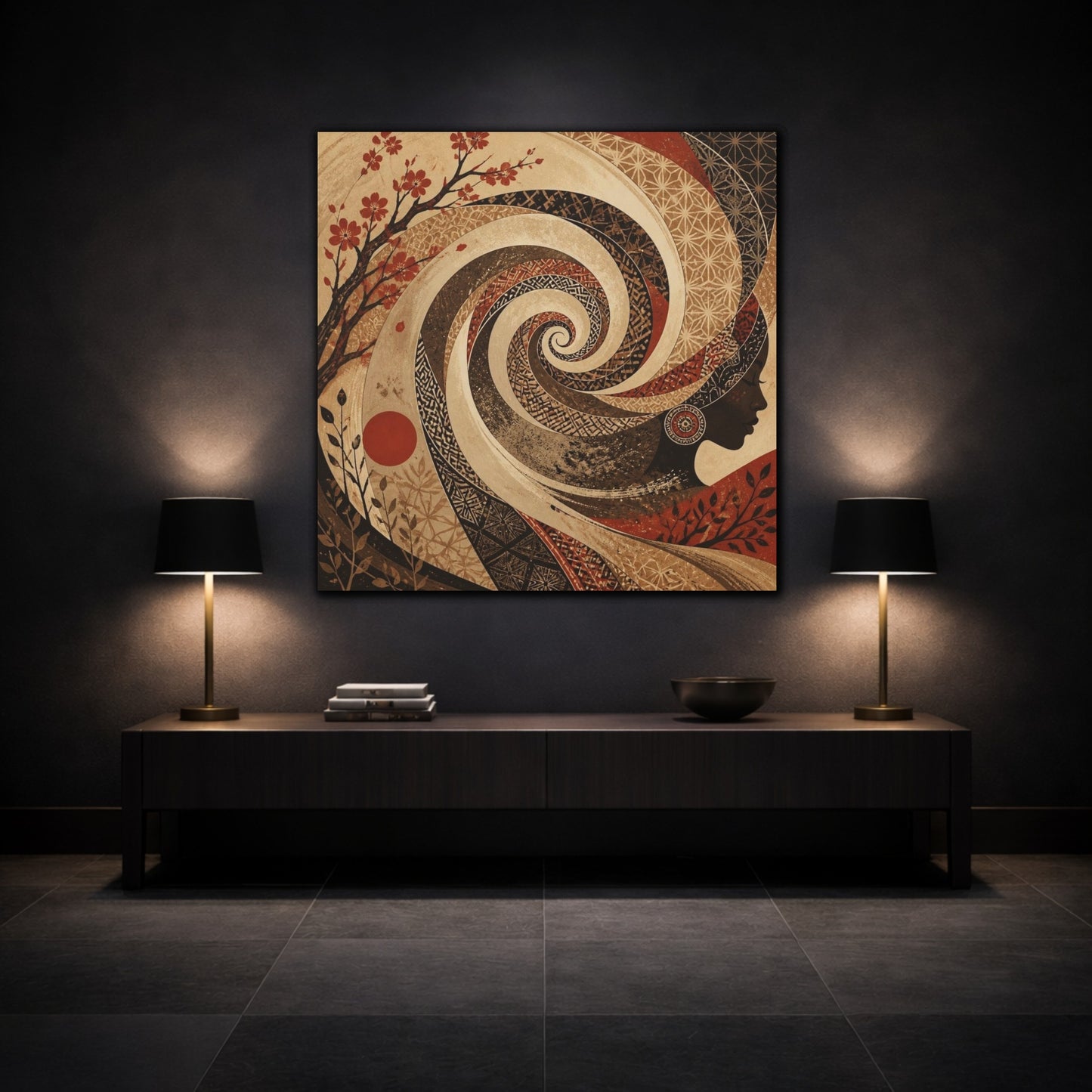 Mockup 3. Abstract Sepia Woman Spiral shown as canvas print