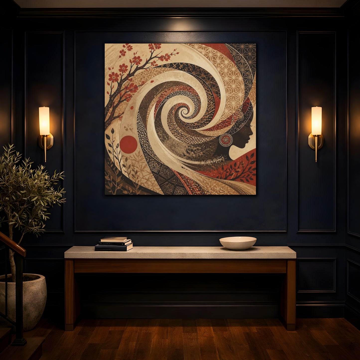 Mockup 4. Abstract Sepia Woman Spiral shown as canvas print