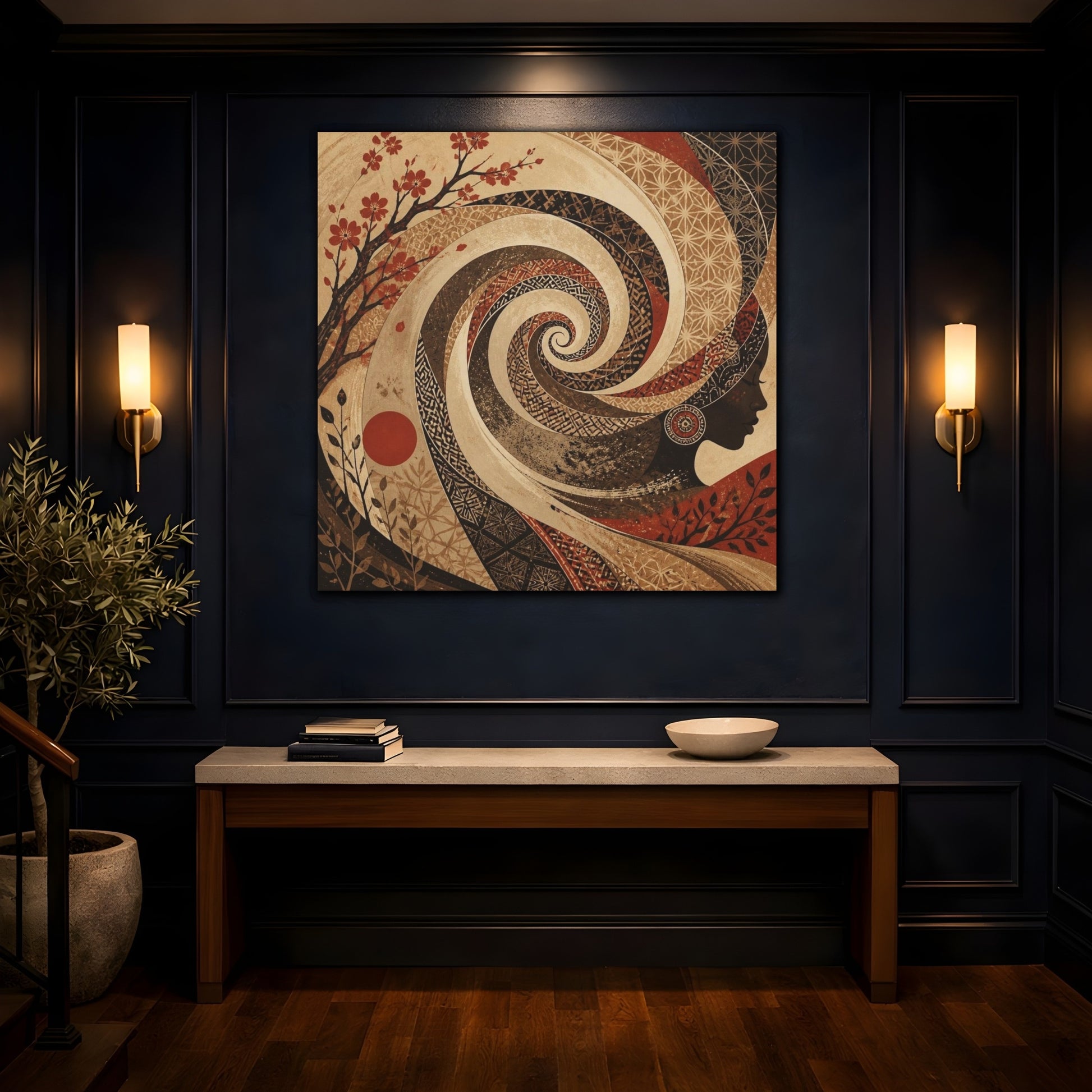 Mockup 4. Abstract Sepia Woman Spiral shown as canvas print
