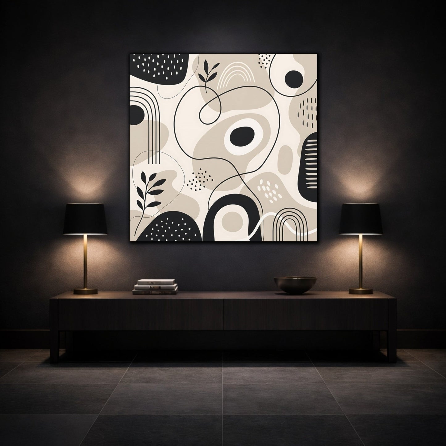 Abstract Shapes Beige Black Canvas Print – Living Room, Above Console Table, Neutral - YesArtYes