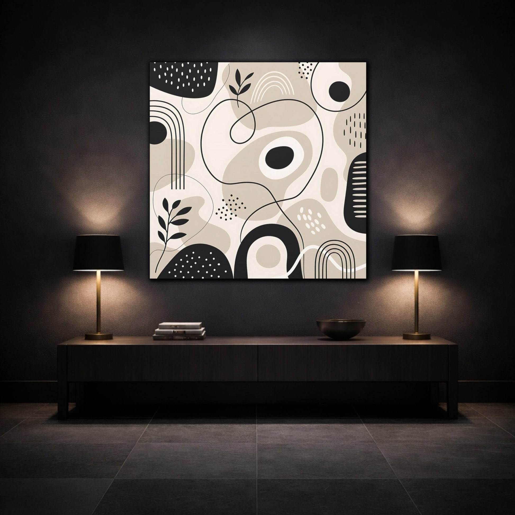 Abstract Shapes Beige Black Canvas Print – Living Room, Above Console Table, Neutral - YesArtYes