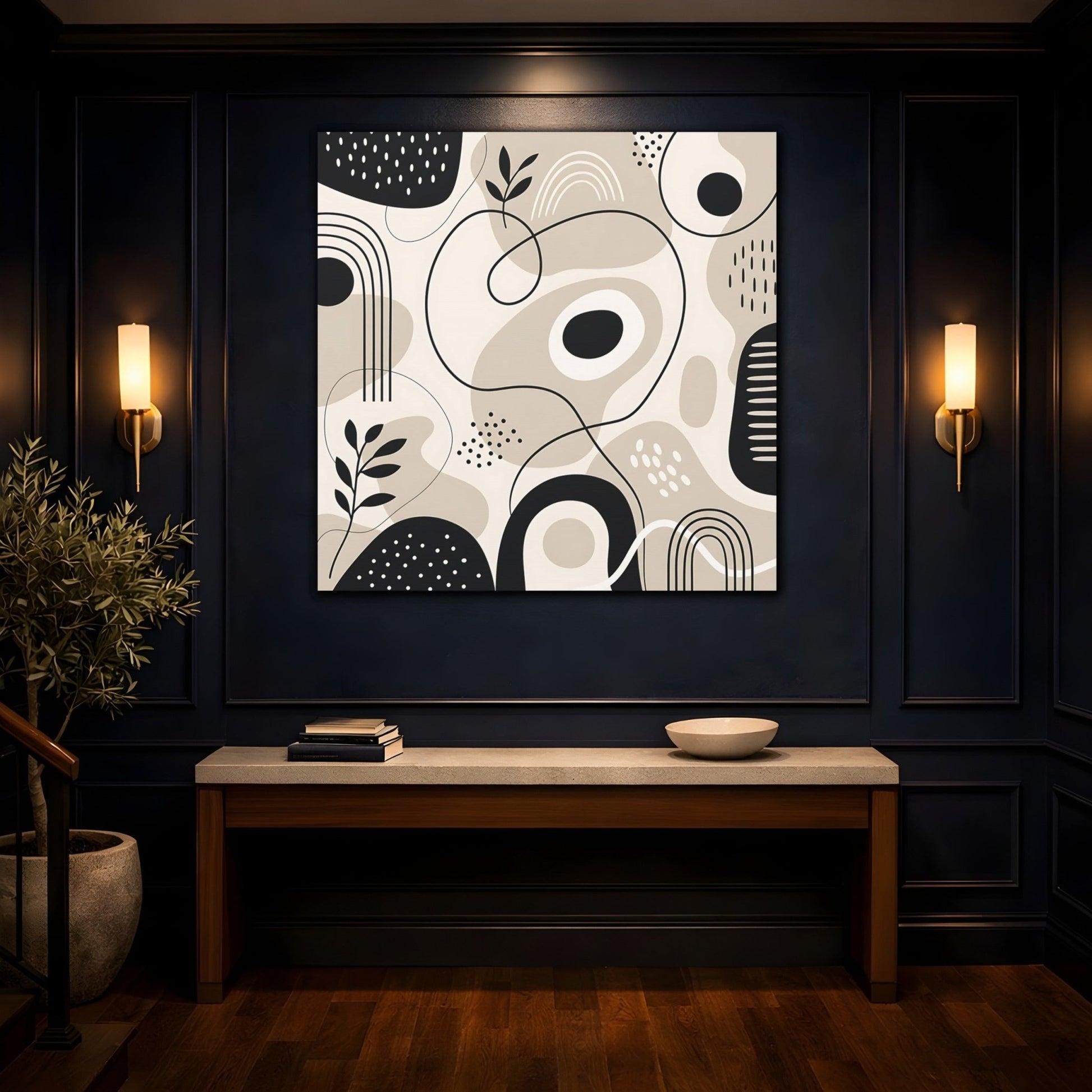 Abstract Shapes Beige Black Canvas Print – Living Room, Above Console Table, Neutral - YesArtYes