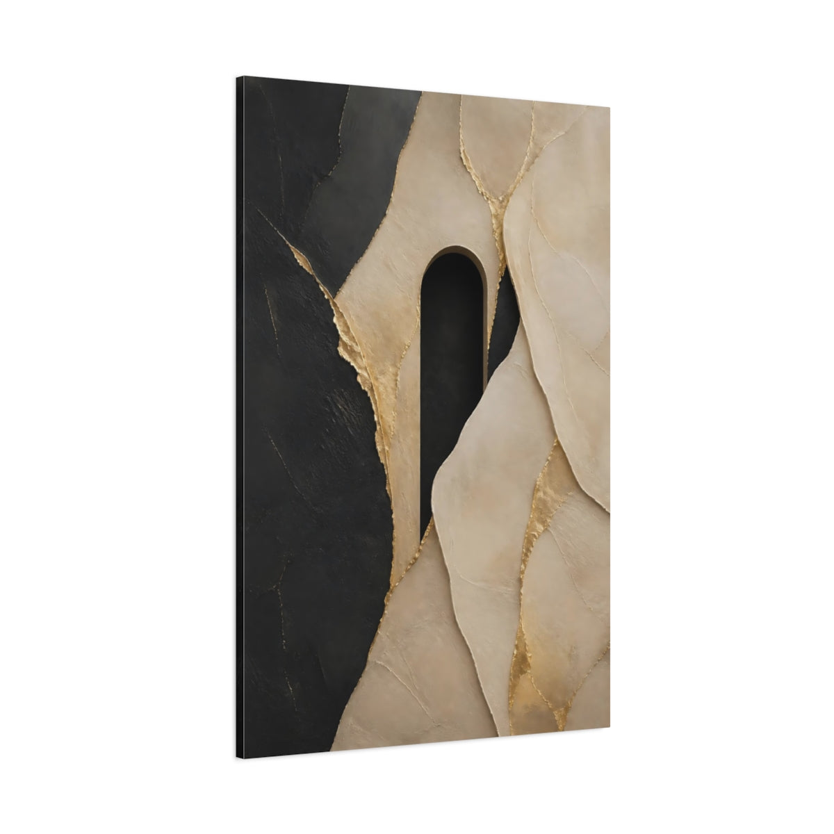 Side Mockup 1. Abstract Abstract Shapes Black Gold Beige shown as stretched canvas wall art