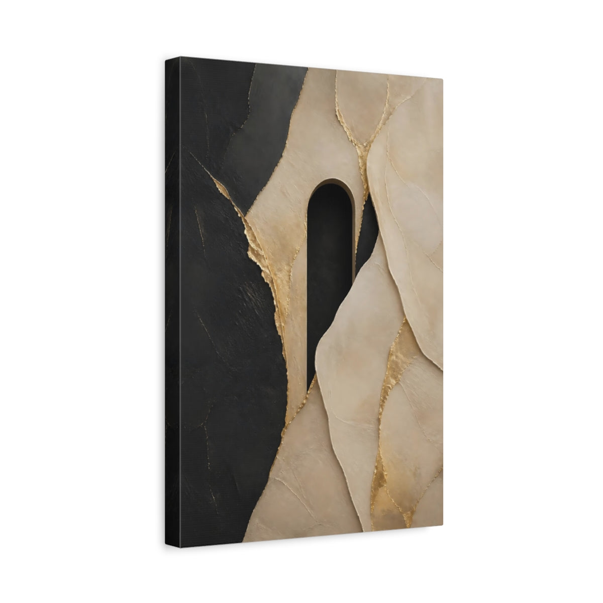 Side Mockup 4. Abstract Abstract Shapes Black Gold Beige shown as stretched canvas wall art