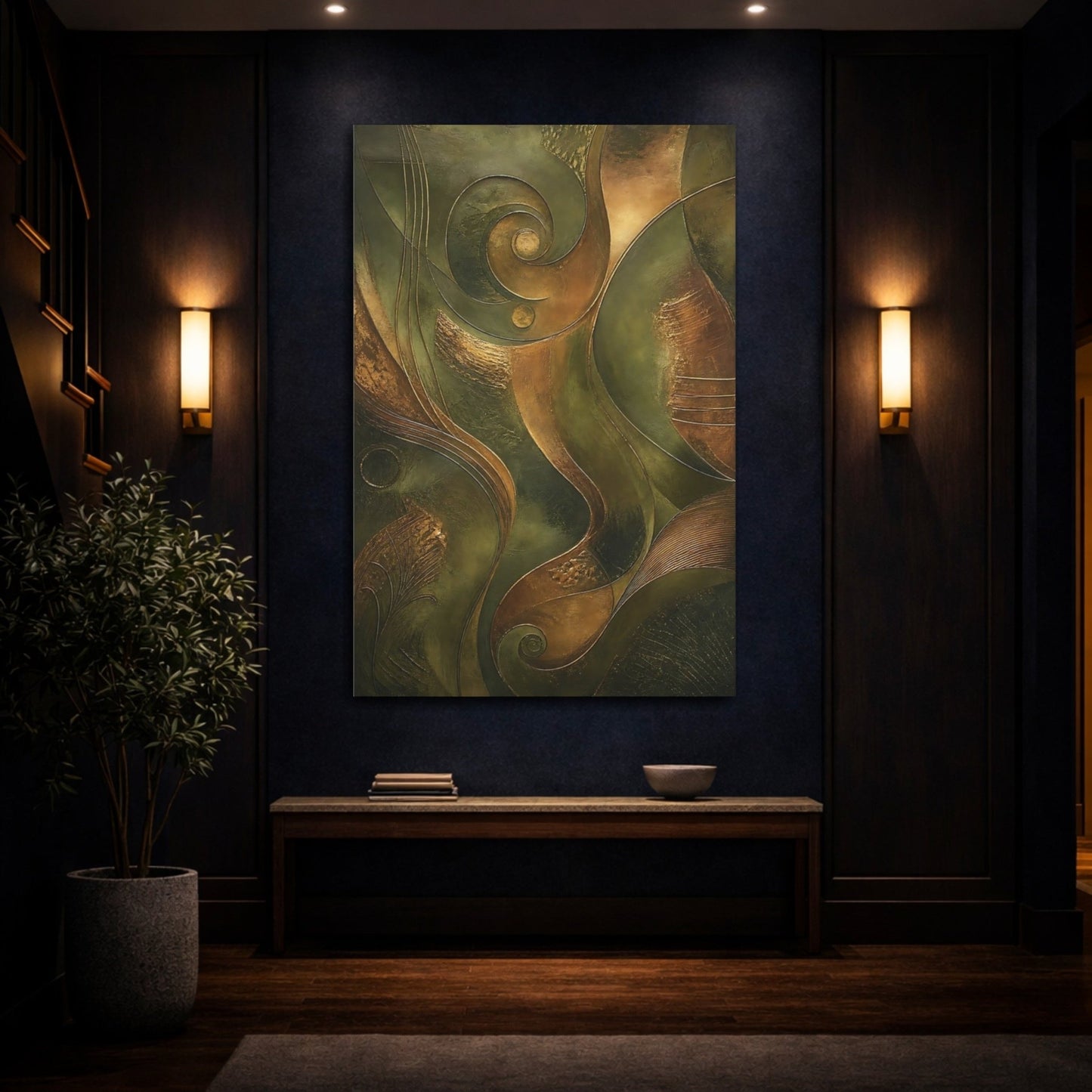 Abstract Shapes Bronze Green Canvas Wall Art Print – Living Room, Above Console Table - YesArtYes