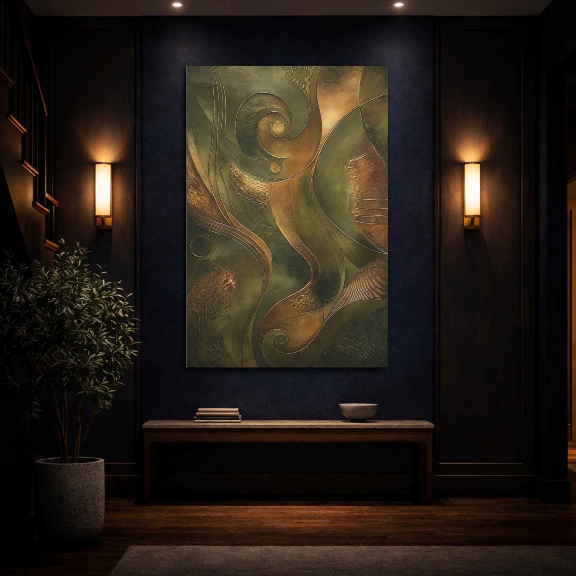 Abstract Shapes Bronze Green Canvas Wall Art Print – Living Room, Above Console Table - YesArtYes