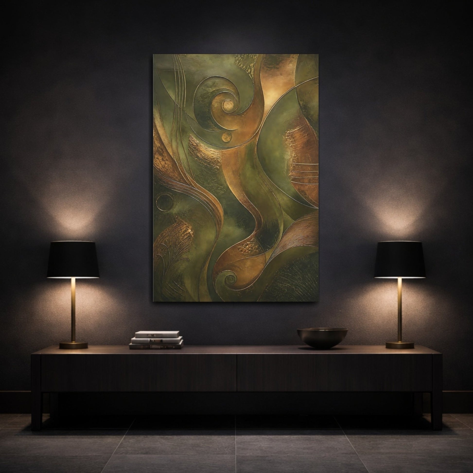 Abstract Shapes Bronze Green Canvas Wall Art Print – Living Room, Above Console Table - YesArtYes