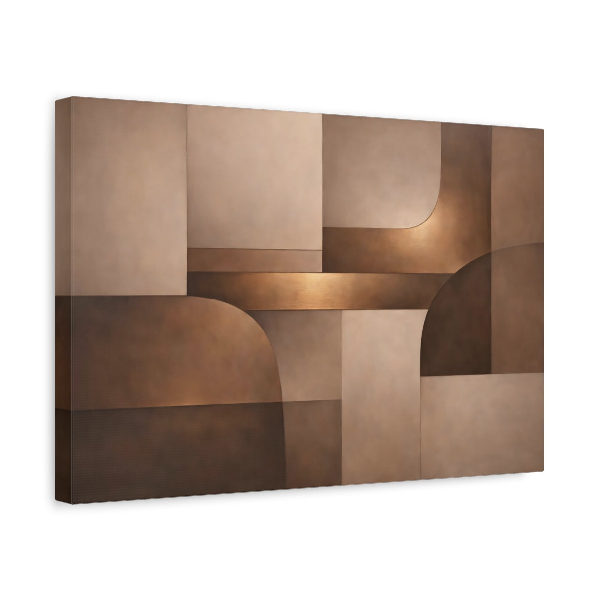 Side Mockup 4. Abstract Abstract Shapes Brown And Bronze shown as stretched canvas wall art