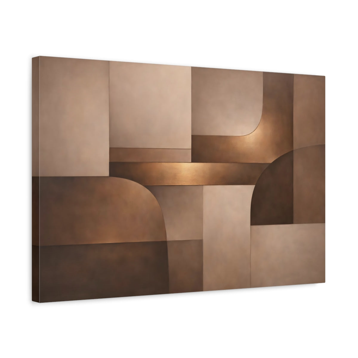 Side Mockup 3. Abstract Abstract Shapes Brown And Bronze shown as stretched canvas wall art