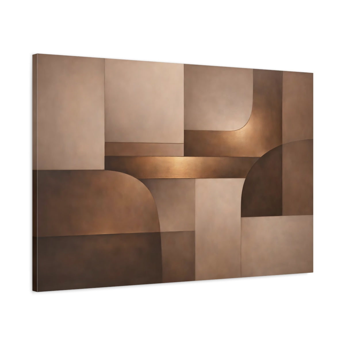 Side Mockup 1. Abstract Abstract Shapes Brown And Bronze shown as stretched canvas wall art