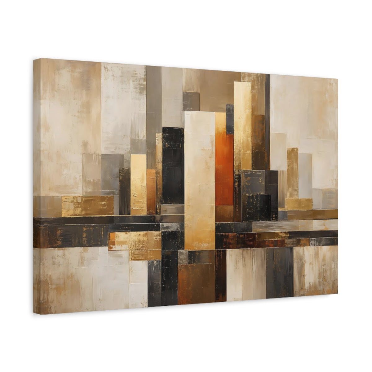 Side Mockup 3. Abstract Abstract Shapes Brown And Gold Abstract shown as stretched canvas wall art