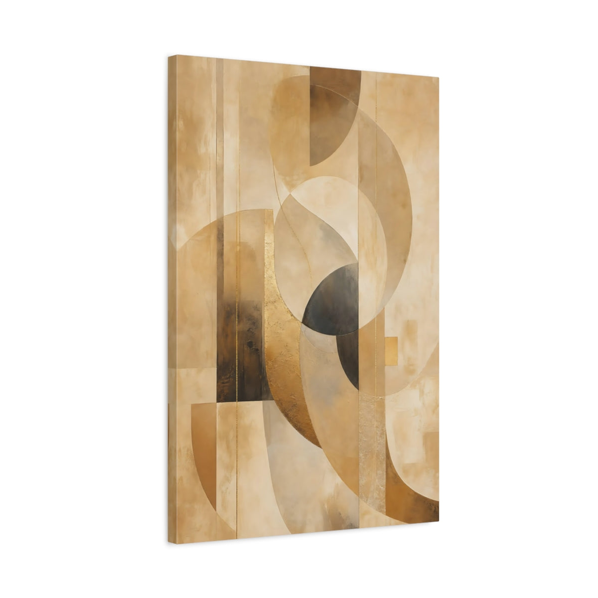 Side Mockup 2. Abstract Abstract Shapes Brown And Gold shown as stretched canvas wall art