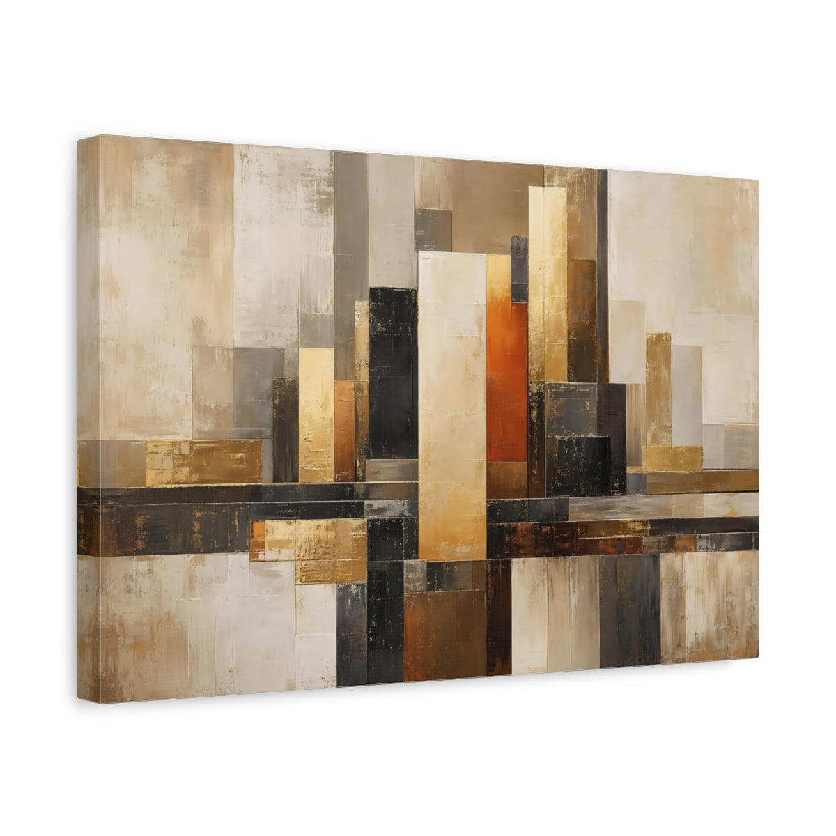 Side Mockup 4. Abstract Abstract Shapes Brown And Gold Abstract shown as stretched canvas wall art