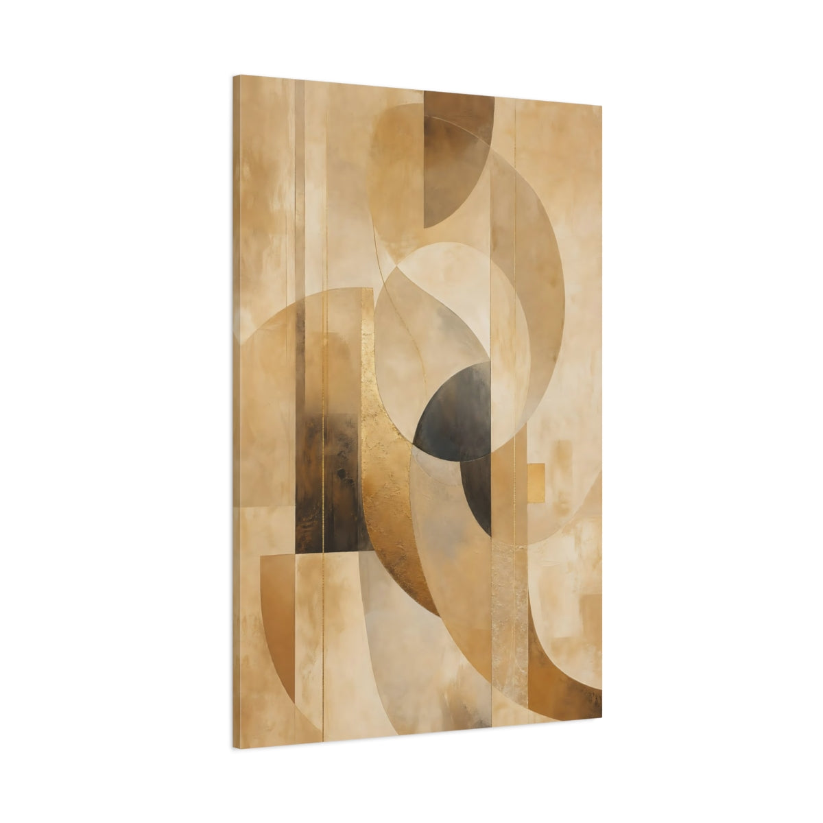 Side Mockup 1. Abstract Abstract Shapes Brown And Gold shown as stretched canvas wall art