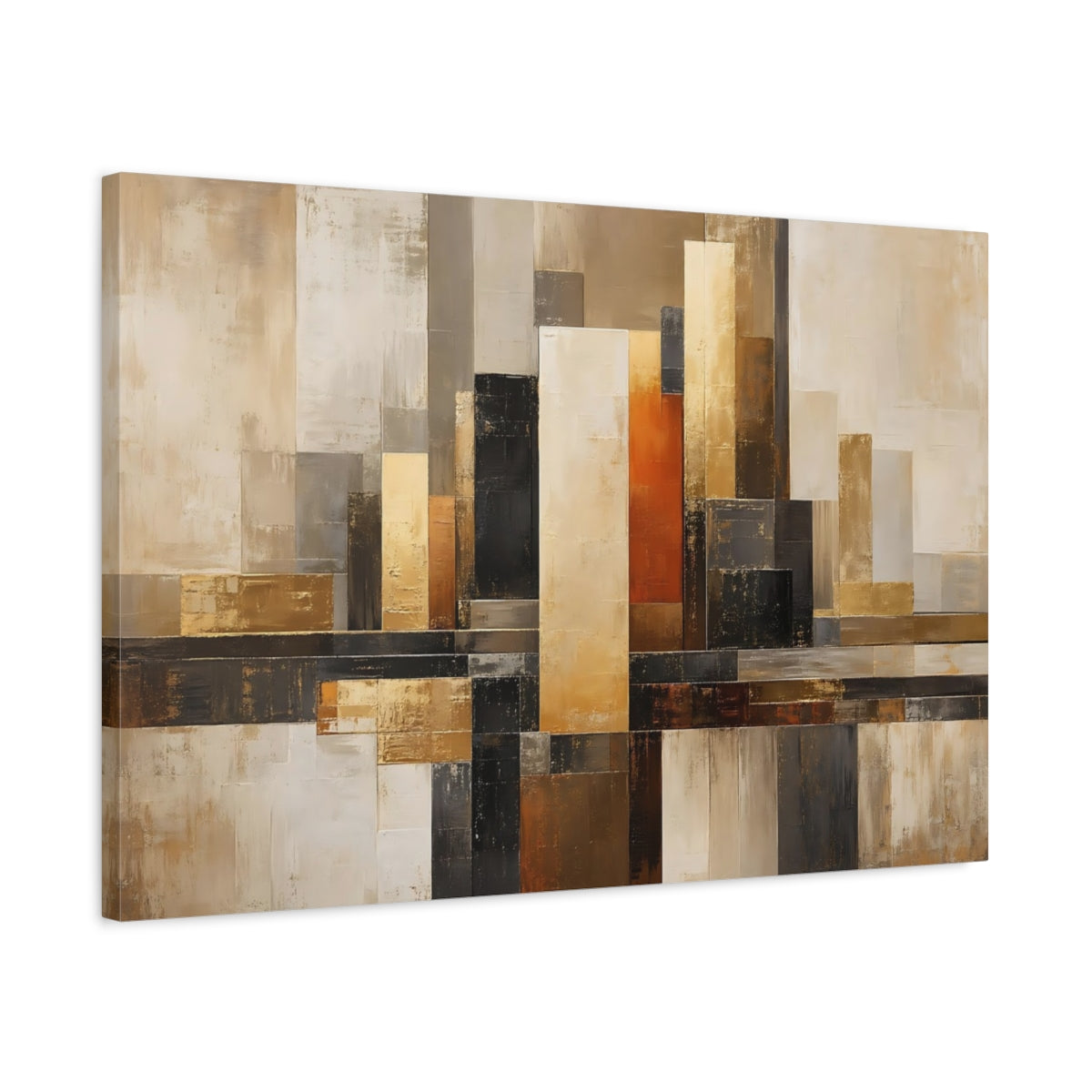 Side Mockup 2. Abstract Abstract Shapes Brown And Gold Abstract shown as stretched canvas wall art