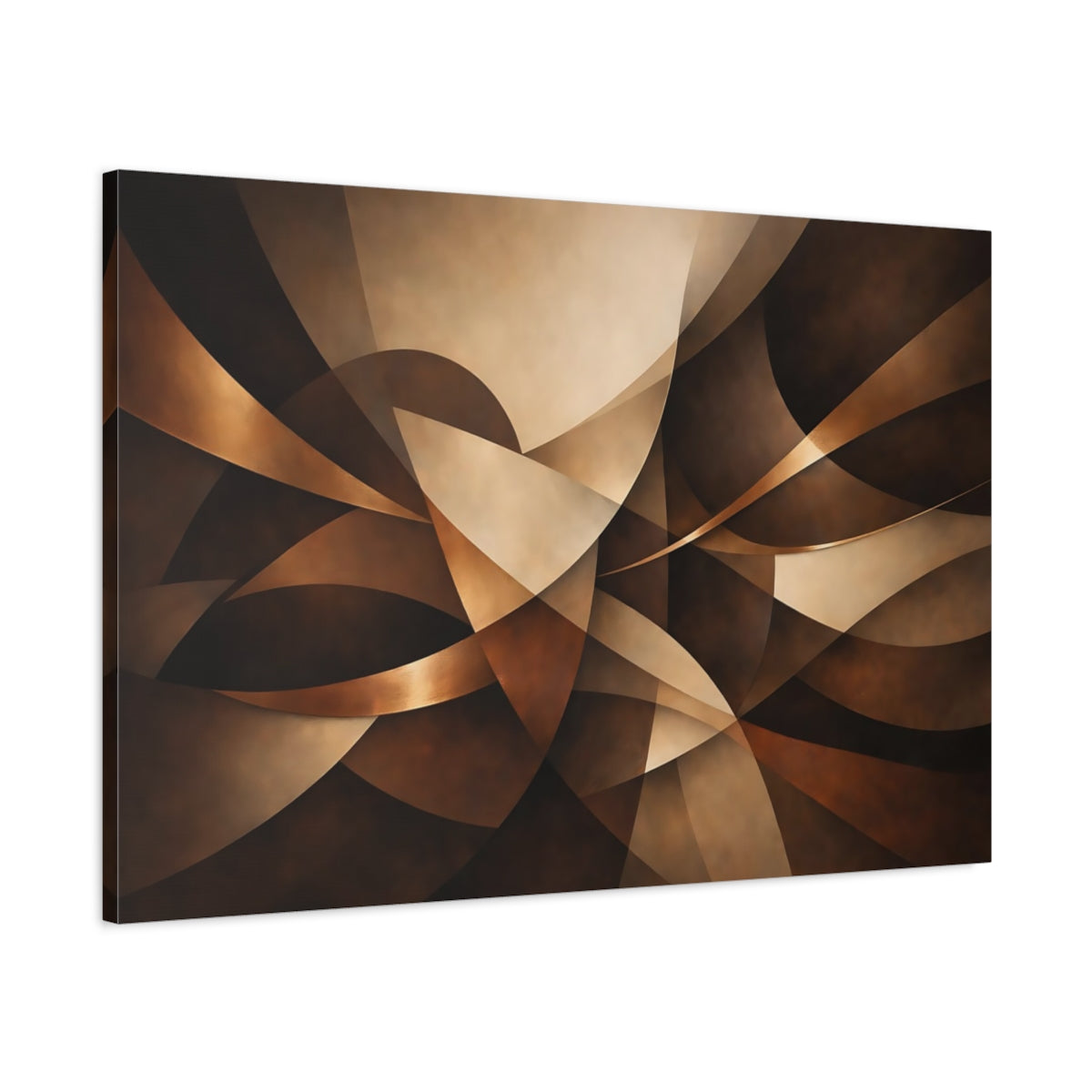 Side Mockup 1. Abstract Abstract Shapes Brown And Gold Abstract shown as stretched canvas wall art