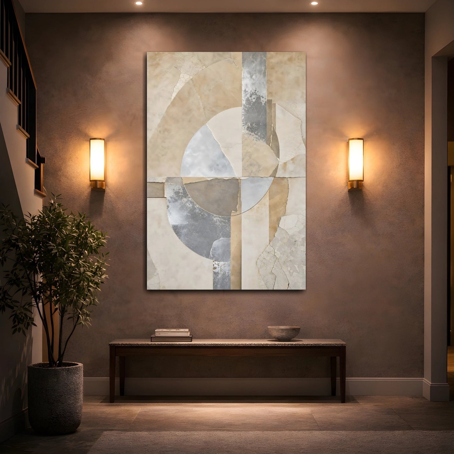 Abstract Shapes Brown And Grey Canvas Wall Art Print – Modern Living Room, Above Console Table - YesArtYes