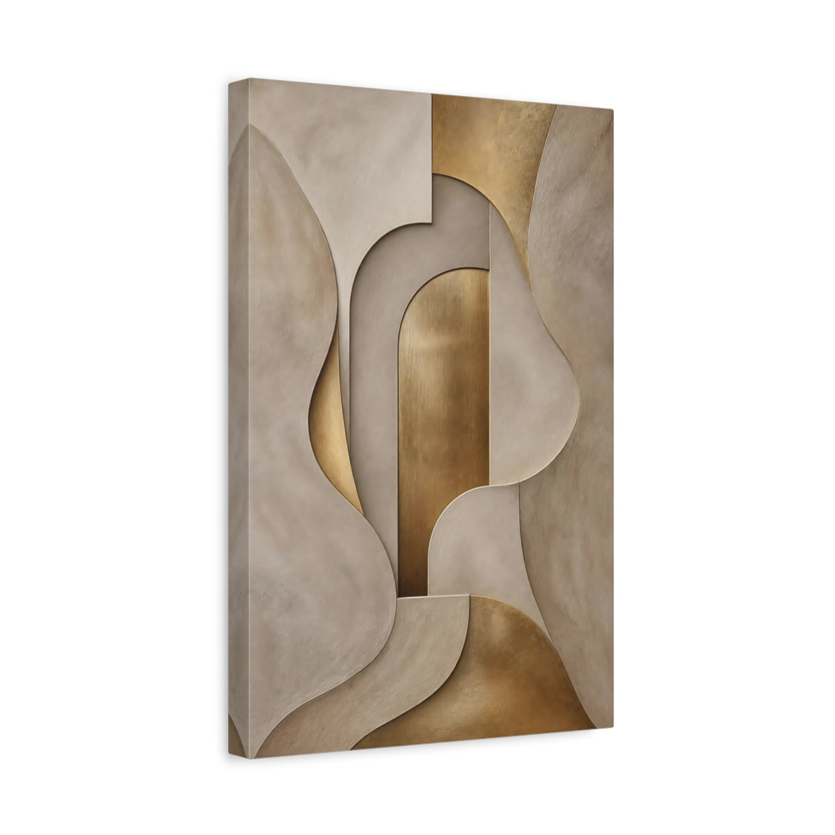 Side Mockup 4. Abstract Abstract Shapes Gold And Beige shown as stretched canvas wall art