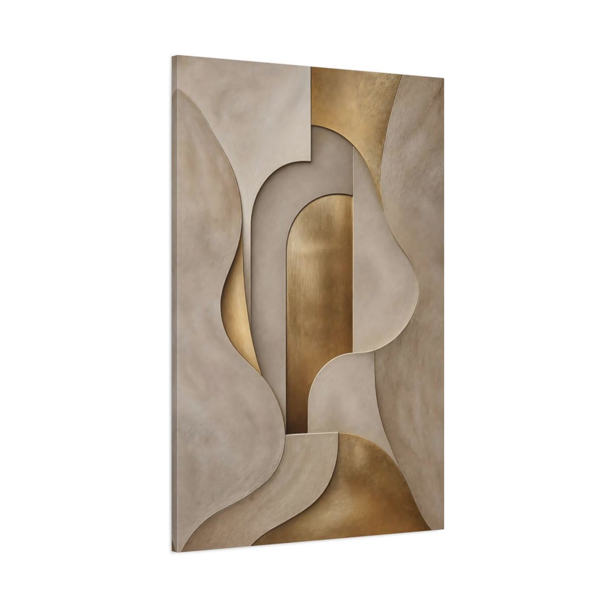 Side Mockup 1. Abstract Abstract Shapes Gold And Beige shown as stretched canvas wall art