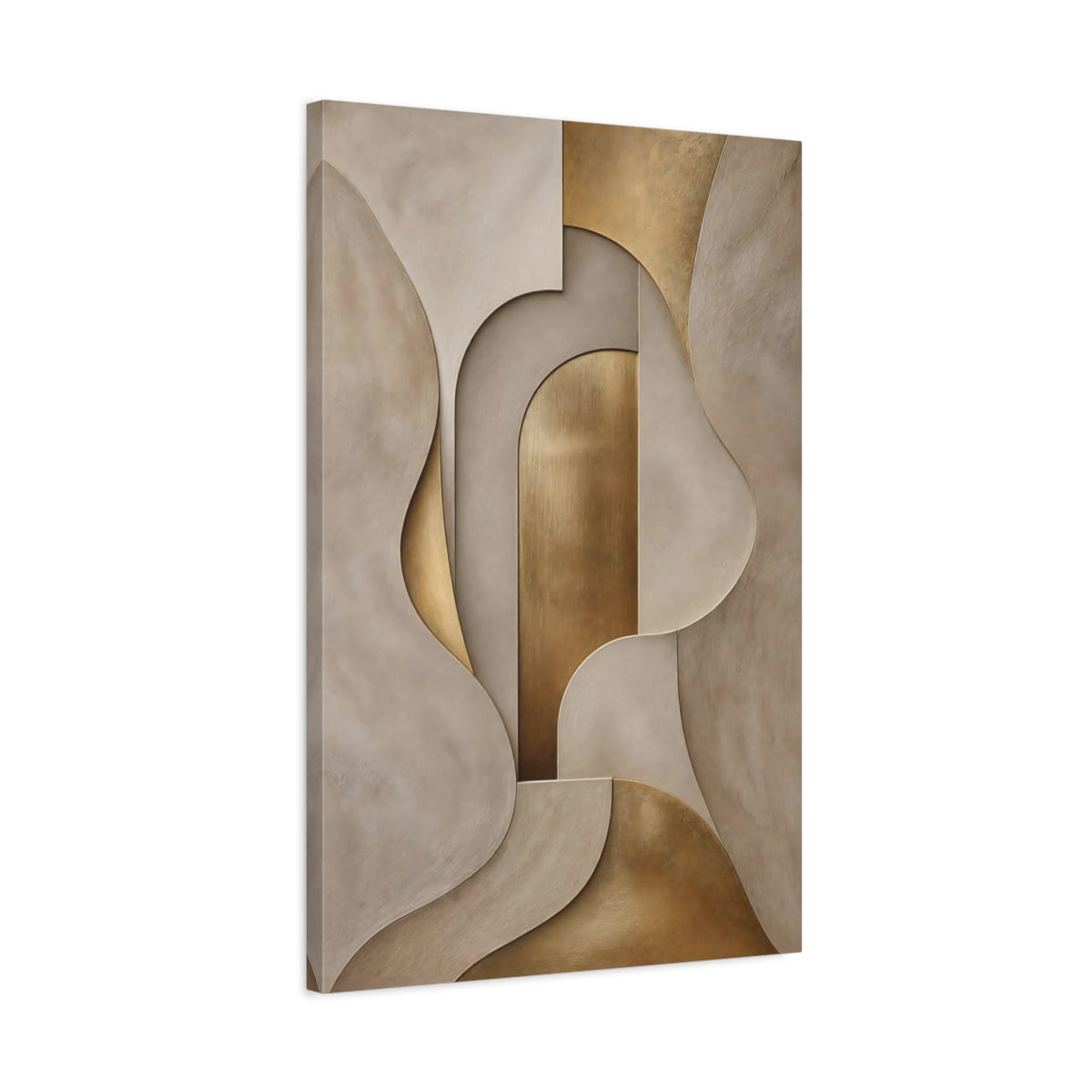 Side Mockup 2. Abstract Abstract Shapes Gold And Beige shown as stretched canvas wall art