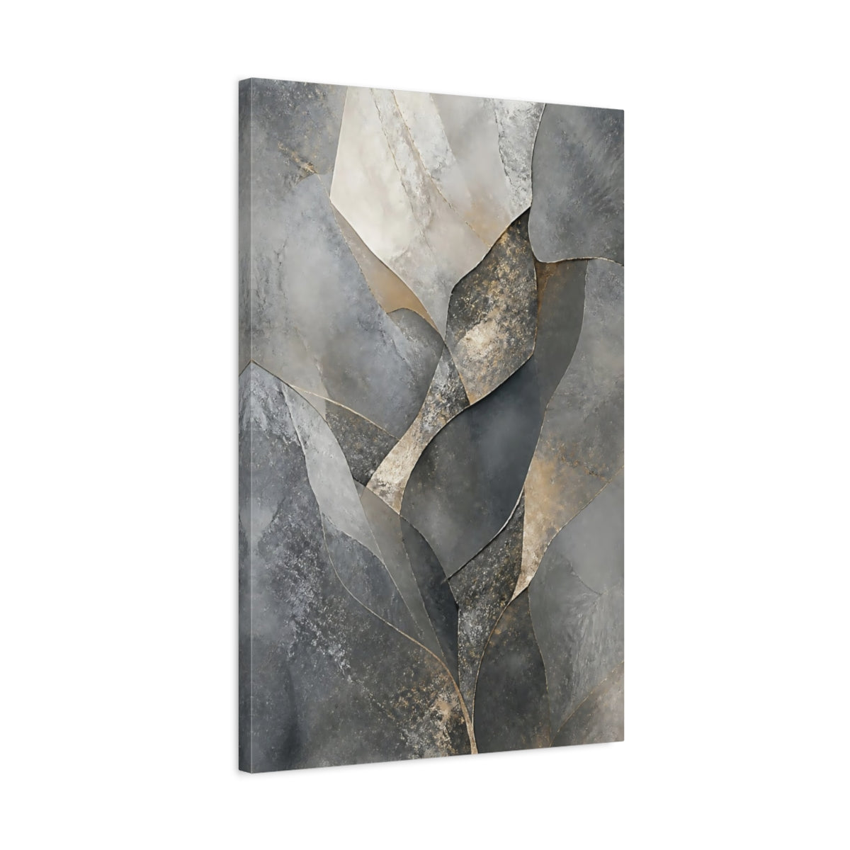 Side Mockup 2. Abstract Abstract Shapes Gray And Gold shown as stretched canvas wall art