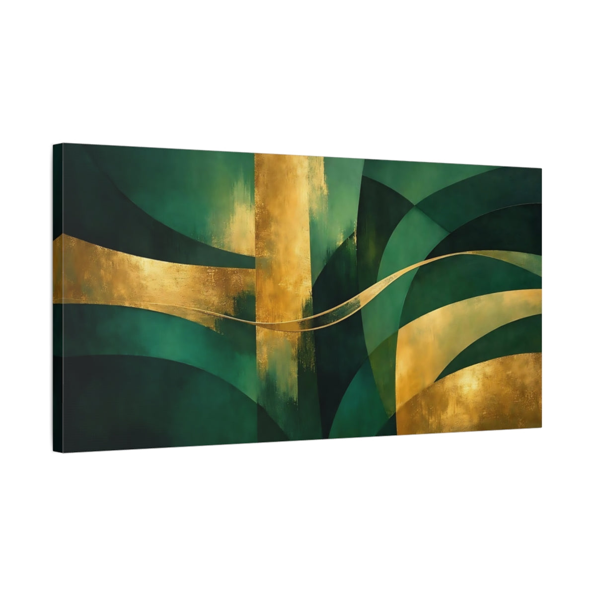 Side Mockup 2. Abstract Abstract Shapes Green And Gold shown as stretched canvas wall art