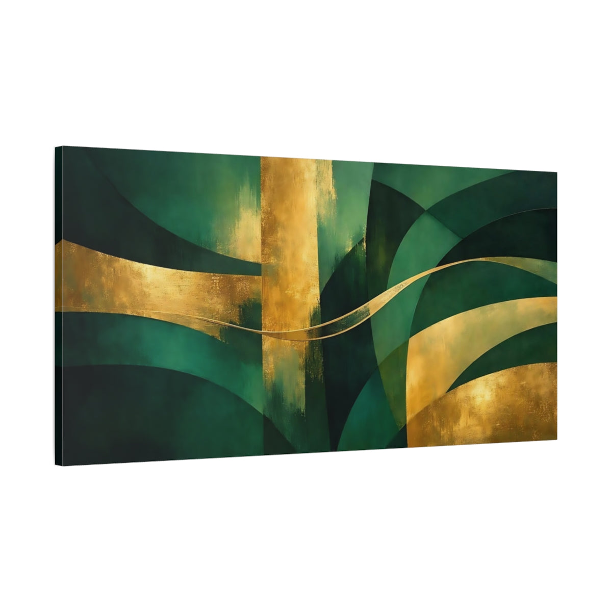 Side Mockup 1. Abstract Abstract Shapes Green And Gold shown as stretched canvas wall art