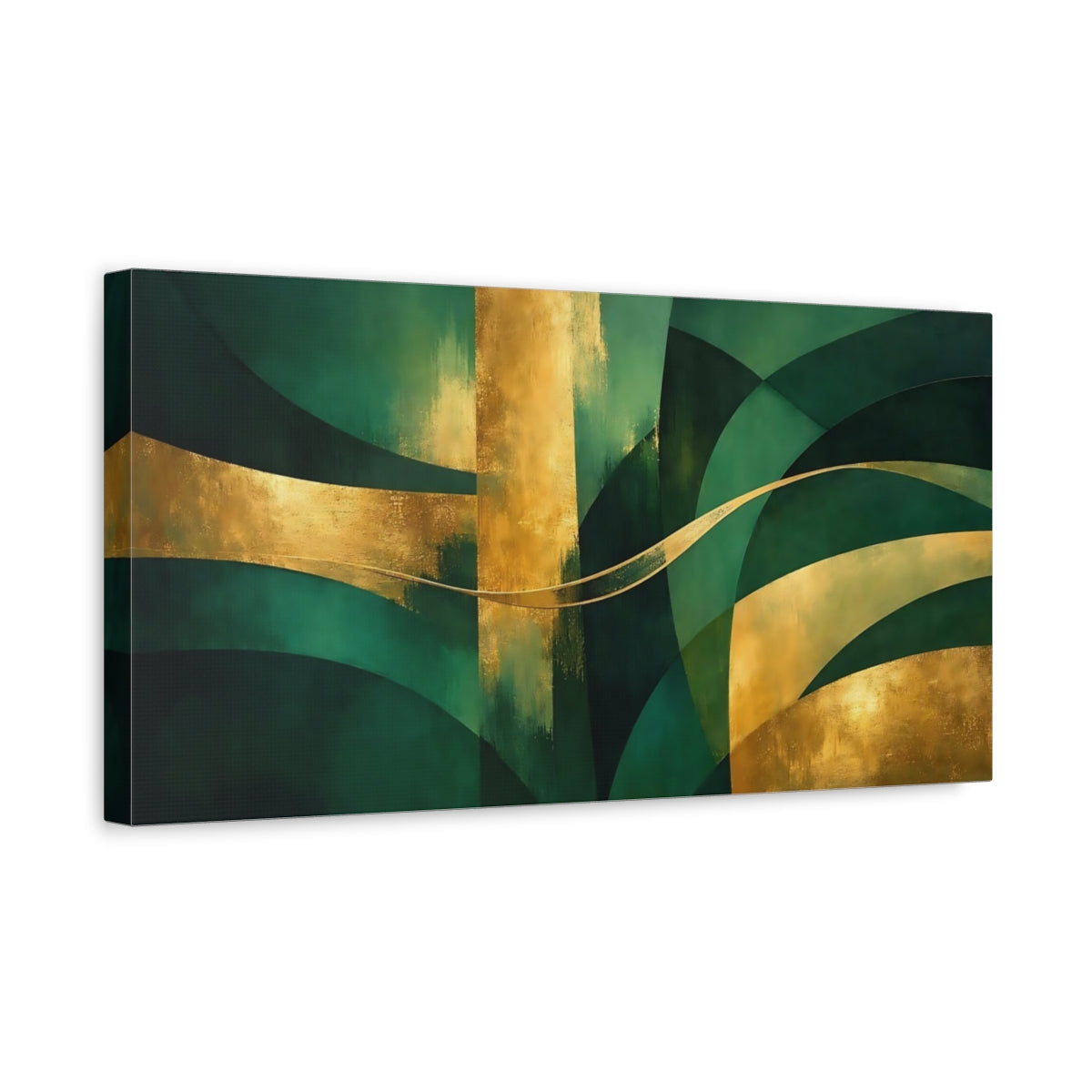 Side Mockup 3. Abstract Abstract Shapes Green And Gold shown as stretched canvas wall art