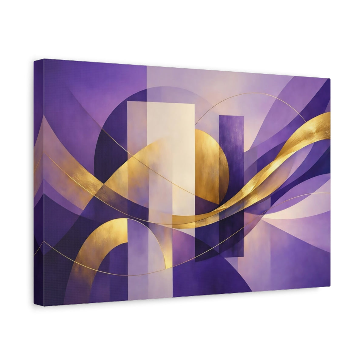 Side Mockup 4. Abstract Abstract Shapes Purple And Gold shown as stretched canvas wall art