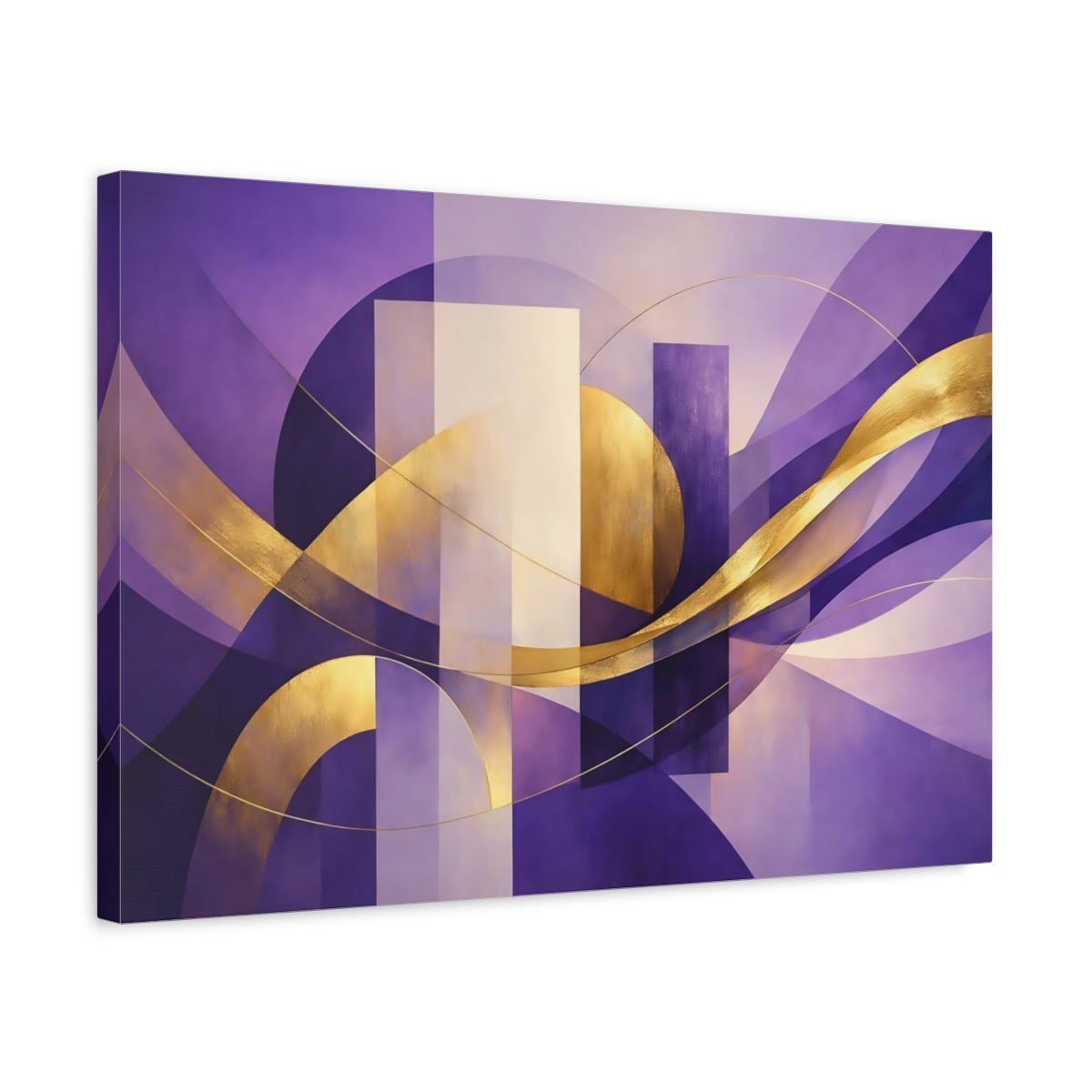 Side Mockup 3. Abstract Abstract Shapes Purple And Gold shown as stretched canvas wall art
