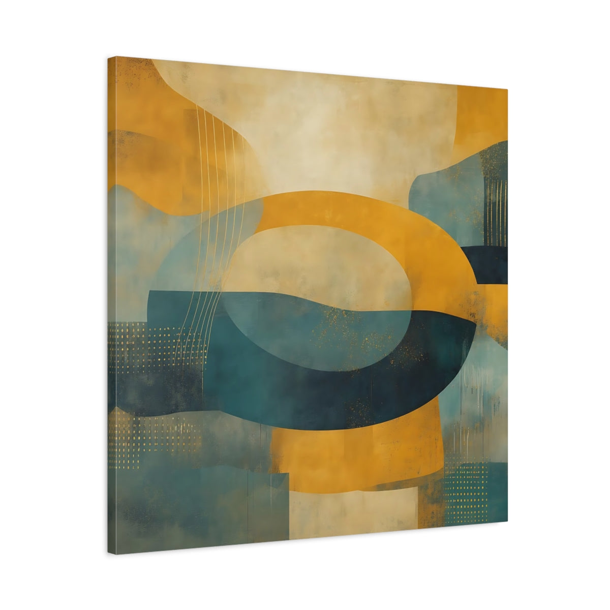 Side Mockup 3. Abstract Abstract Shapes Yellow Teal Abstract shown as stretched canvas wall art