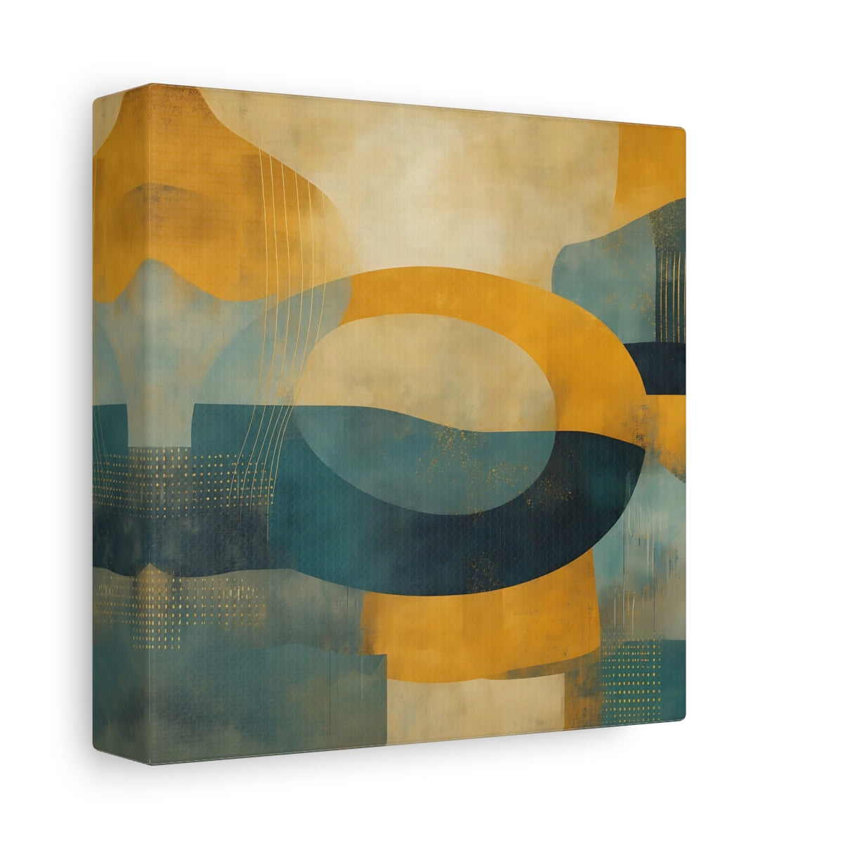 Side Mockup 2. Abstract Abstract Shapes Yellow Teal Abstract shown as stretched canvas wall art