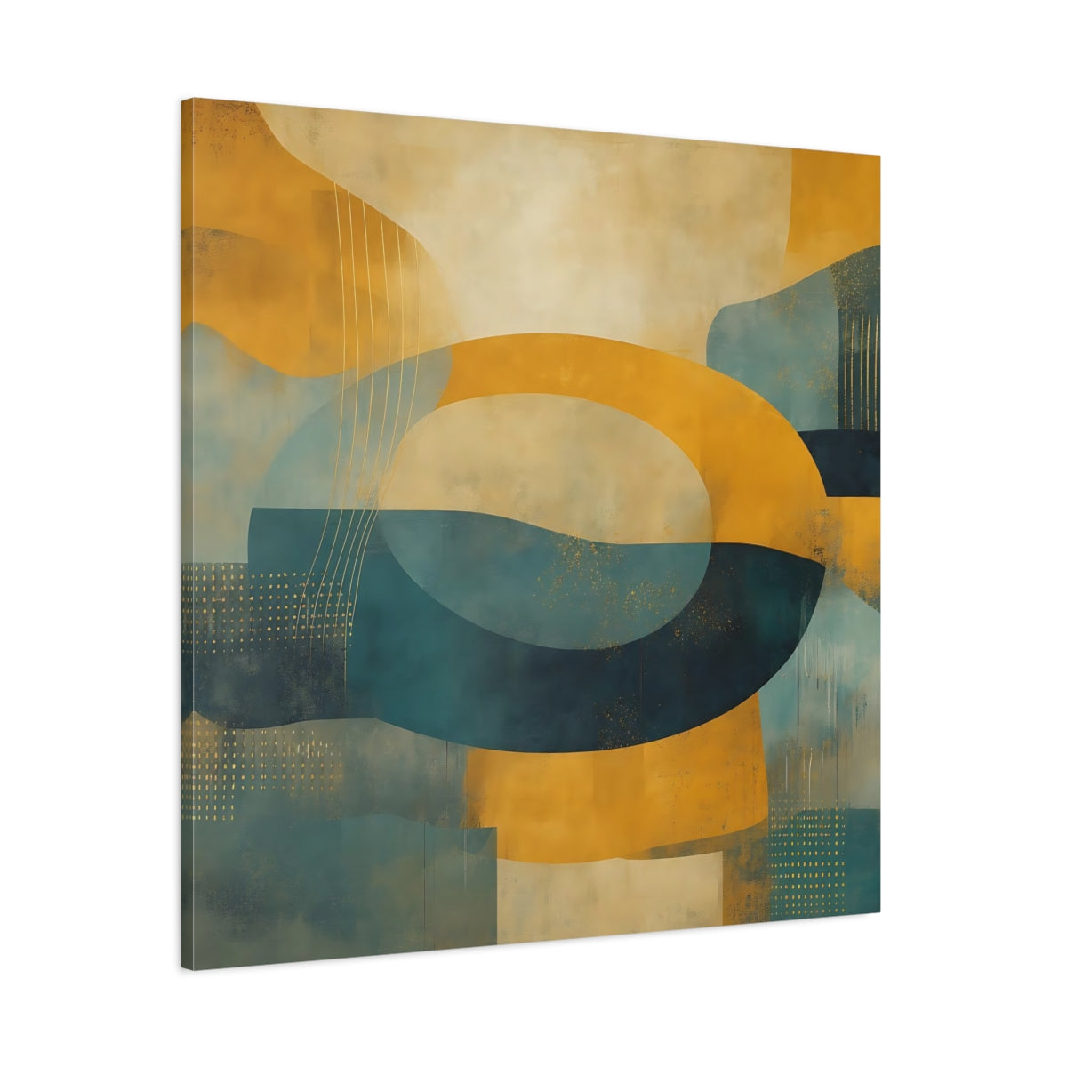 Side Mockup 1. Abstract Abstract Shapes Yellow Teal Abstract shown as stretched canvas wall art