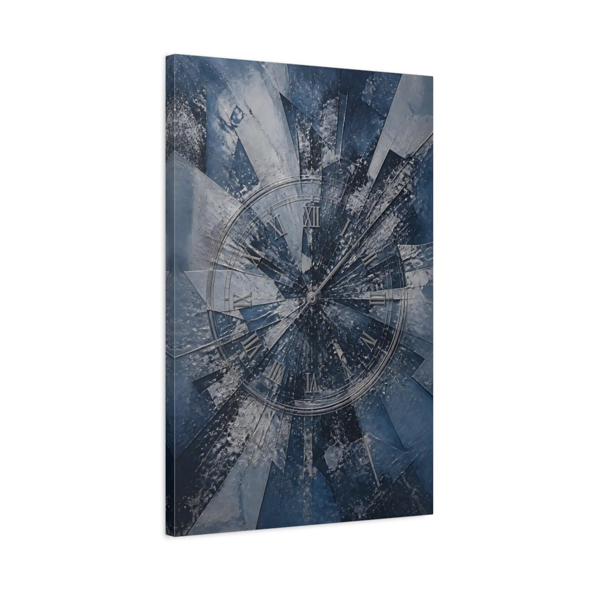 Abstract Shattered Clock Blue And Silver Canvas Print – Living Room, Above Fireplace, - YesArtYes