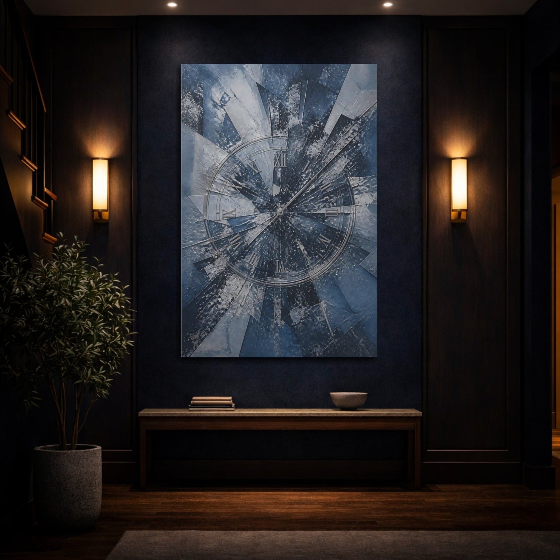 Abstract Shattered Clock Blue And Silver Canvas Print – Living Room, Above Fireplace, - YesArtYes