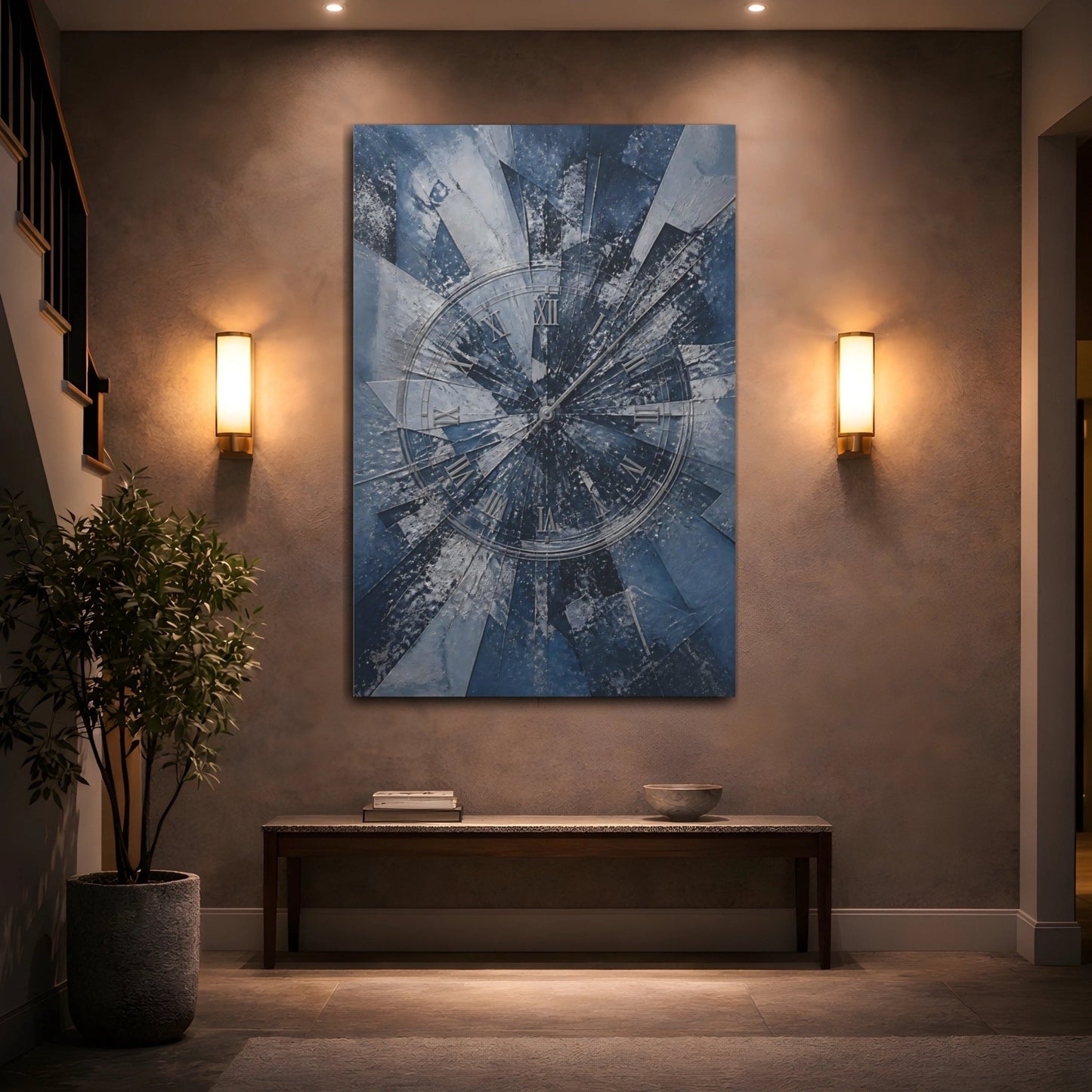 Abstract Shattered Clock Blue And Silver Canvas Print – Living Room, Above Fireplace, - YesArtYes