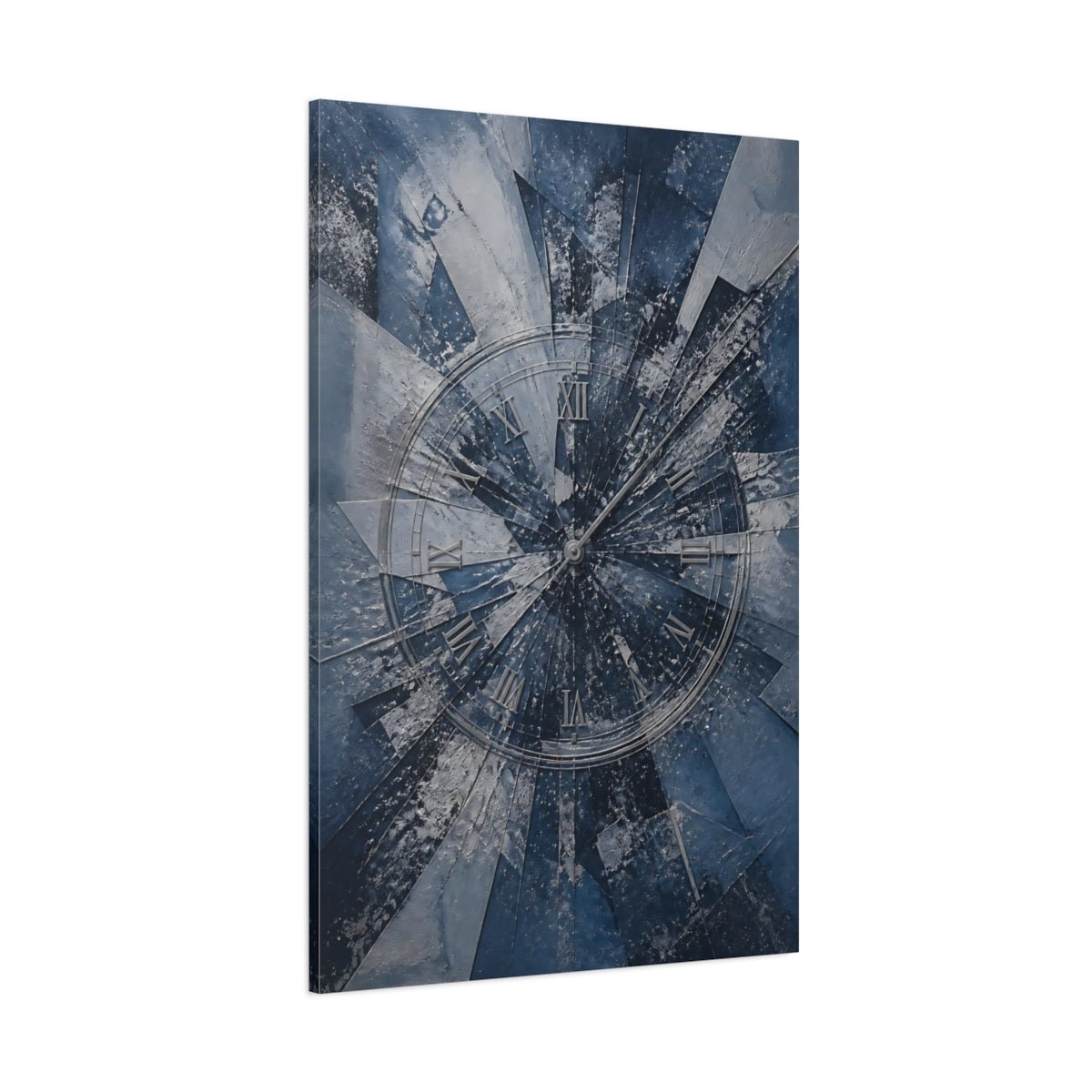 Abstract Shattered Clock Blue And Silver Canvas Print – Living Room, Above Fireplace, - YesArtYes