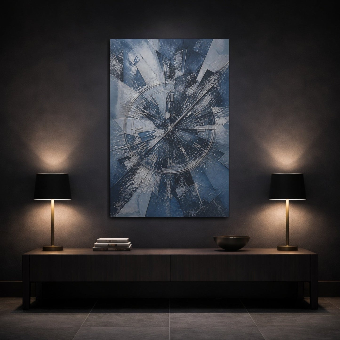 Abstract Shattered Clock Blue And Silver Canvas Print – Living Room, Above Fireplace, - YesArtYes