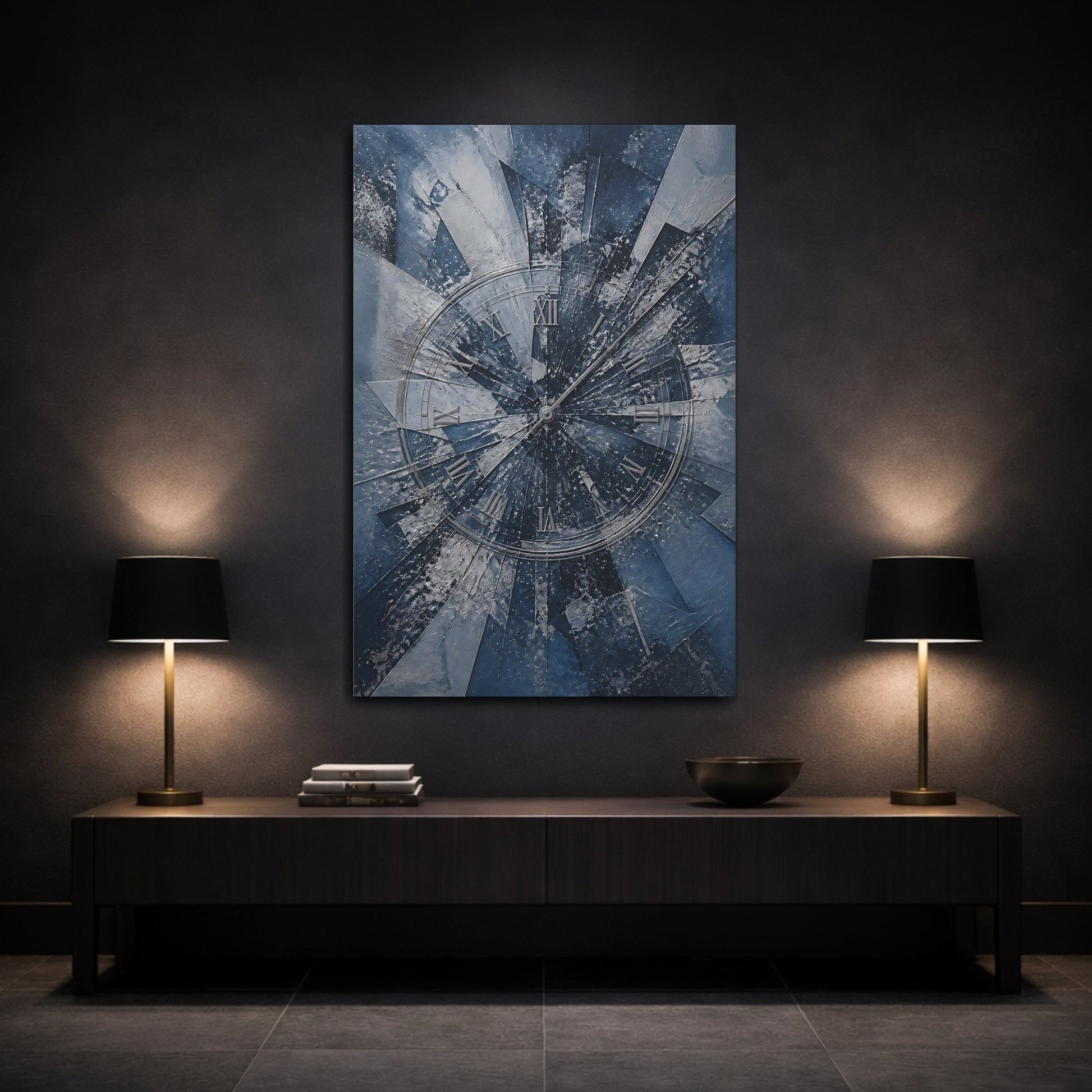 Abstract Shattered Clock Blue And Silver Canvas Print – Living Room, Above Fireplace, - YesArtYes