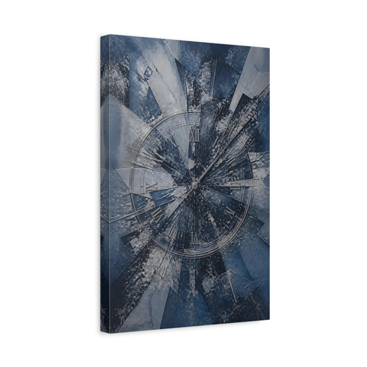 Abstract Shattered Clock Blue And Silver Canvas Print – Living Room, Above Fireplace, - YesArtYes