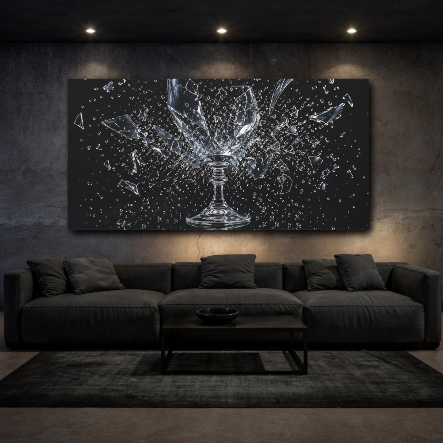 Mockup 2. Abstract Shattered Glass Black And Clear shown as stretched canvas wall art