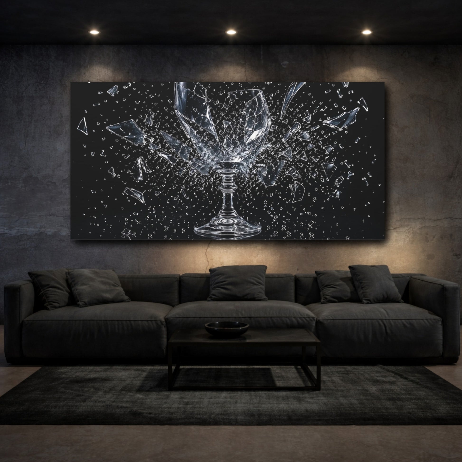 Mockup 2. Abstract Shattered Glass Black And Clear shown as stretched canvas wall art