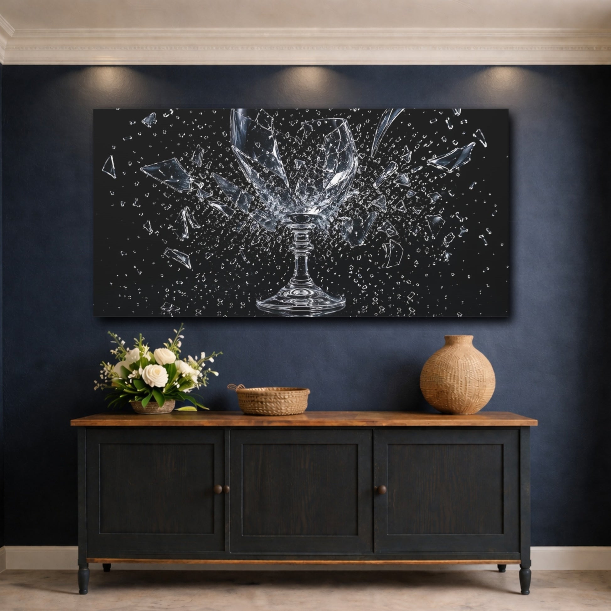 Mockup 4. Abstract Shattered Glass Black And Clear shown as stretched canvas wall art
