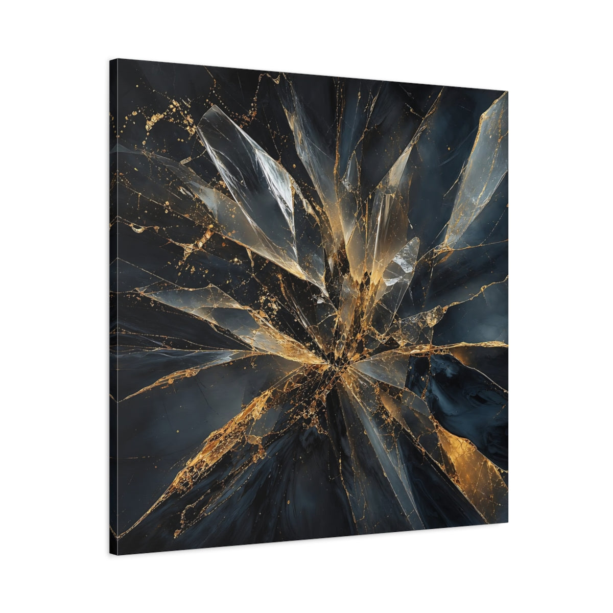 Main Mockup. Abstract Shattered Glass Black And Gold shown as stretched canvas wall art