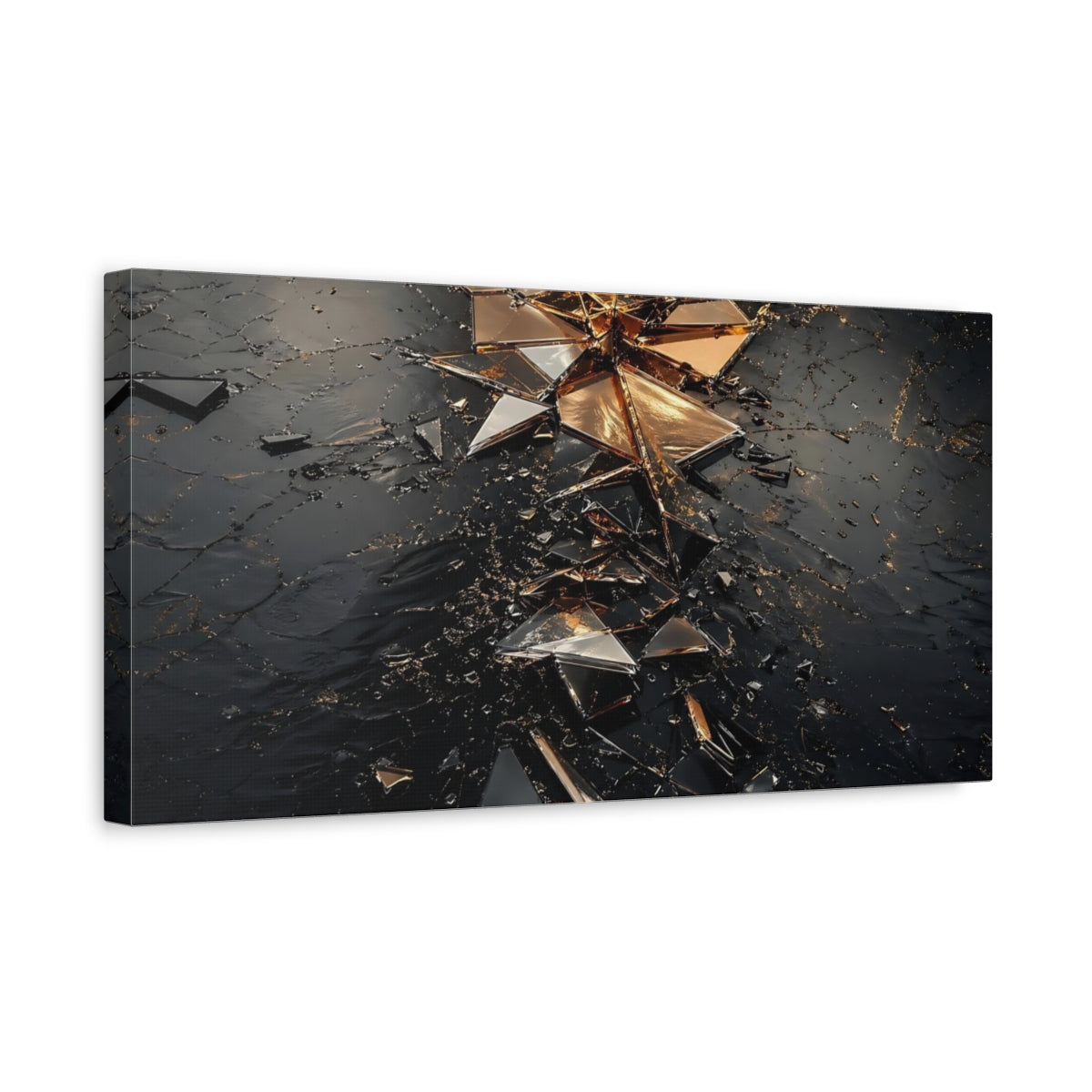 Side Mockup 3. Abstract Shattered Glass Black And Gold shown as stretched canvas wall art