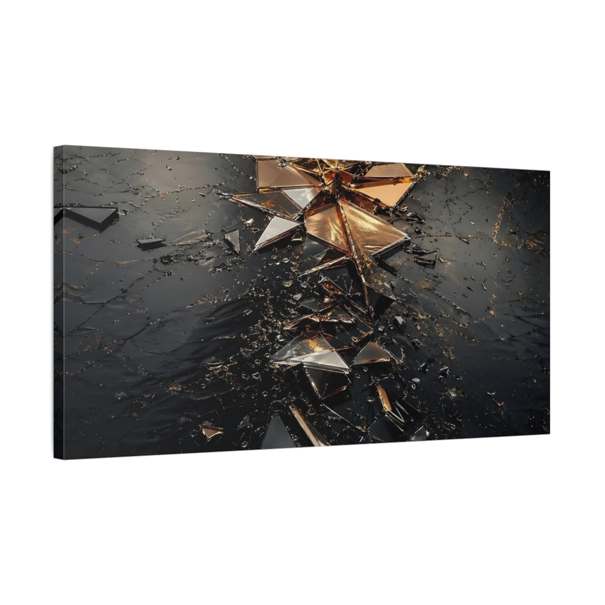 Side Mockup 1. Abstract Shattered Glass Black And Gold shown as stretched canvas wall art