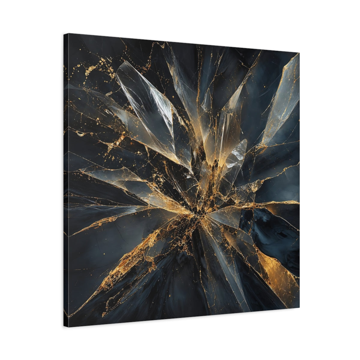 Side Mockup 3. Abstract Shattered Glass Black And Gold shown as stretched canvas wall art
