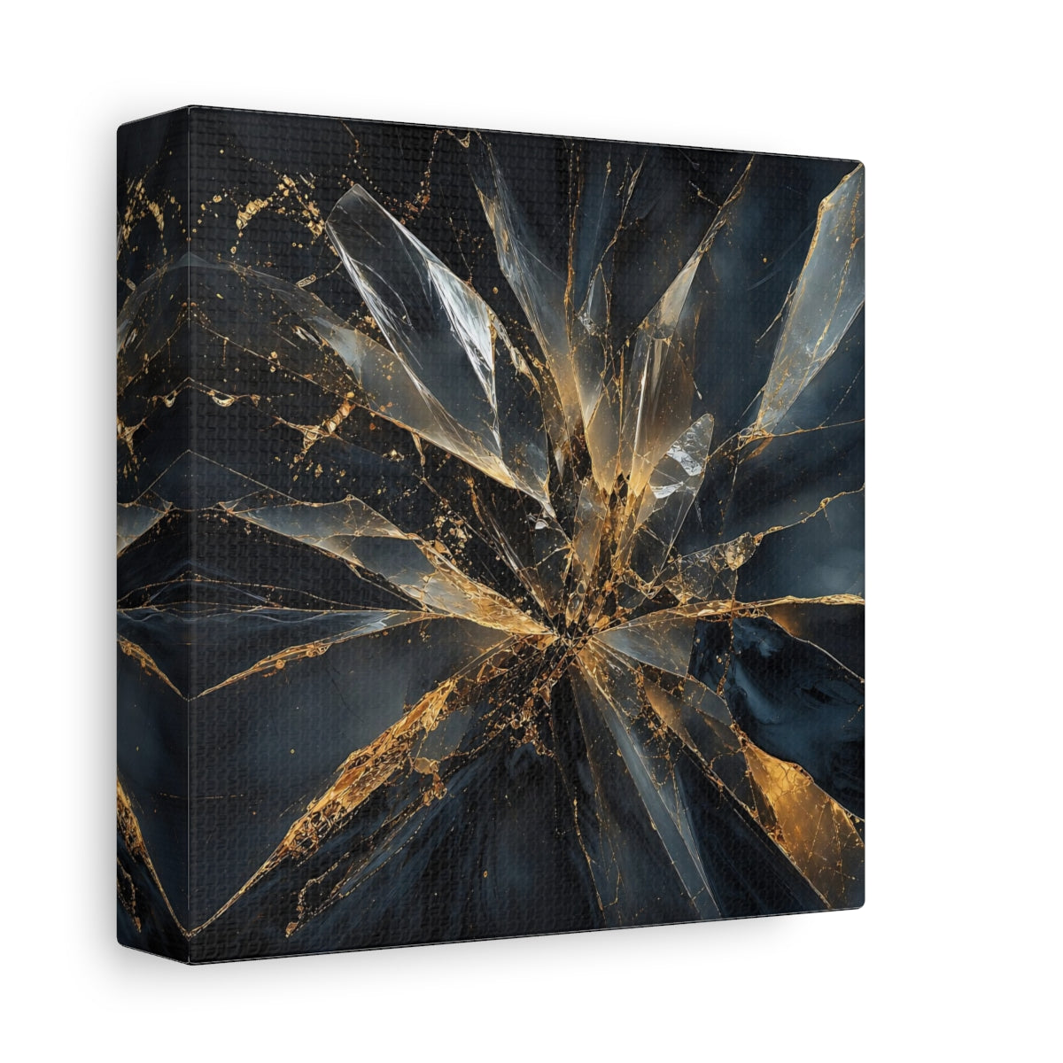 Side Mockup 2. Abstract Shattered Glass Black And Gold shown as stretched canvas wall art